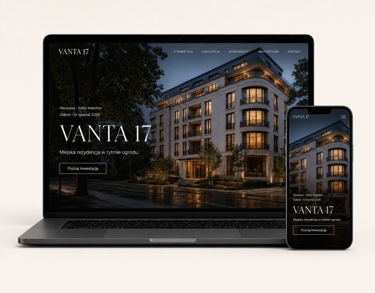 Koncepcyjny projekt Vanta 17: strona inwestycji deweloperskiej pokazana na laptopie i telefonie